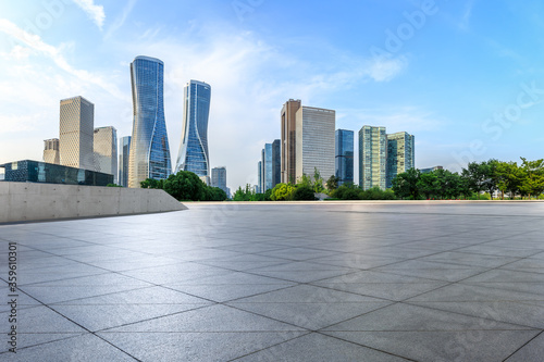 Empty square floor and modern city scenery in Hangzhou,China.