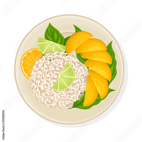 Thai Dish with Rice and Mango Slices Served on Plate Vector Illustration