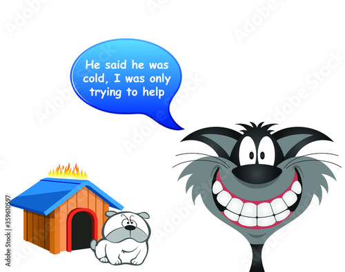 Comical cat trying to keep the dog warm by setting his kennel ablaze isolated on white background