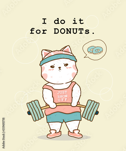 doodle hand drawing white fat cat do workout fitness exercise, idea for greeting card and banner print