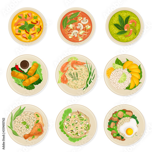 Thai Dishes and Main Courses with Noodle Soup and Rice Top View Vector Set