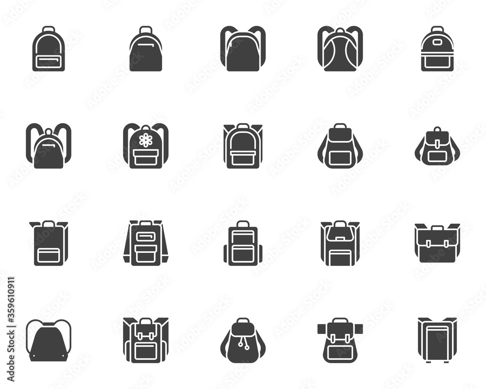 Backpack collection vector icons set, backpack modern solid symbol collection, filled style pictogram pack. Signs, logo illustration. Set includes icons as travel bag, hiking rucksack, school bag Backpack collection vector icons set, backpack modern solid symbol collection, filled style pictogram pack. Signs, logo illustration. Set includes icons as travel bag, hiking rucksack, school bag