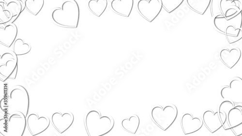 Beautiful abstract frame of white hearts with shadows for Valentine's Day on a white background. Vector illustration. Concept: love, a gift to the beloved