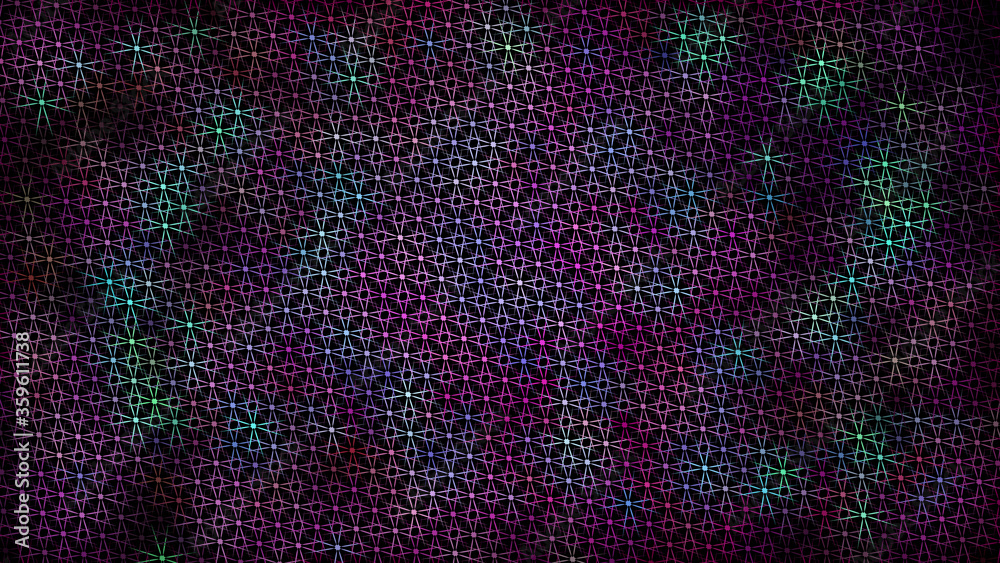 Multicolored abstract background of green squares, rhombuses, rectangles tiles, mosaic with seams of glowing magical energy shiny bright beautiful. Vector illustration. Texture
