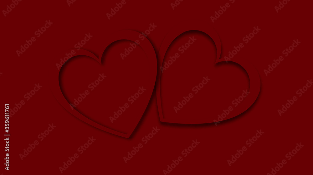 Beautiful abstract red festive glowing carved two hearts made of colored paper for happy saint valentine's day on a red background and copy space. Vector illustration