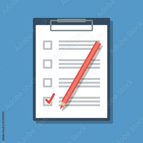 clipboard with to-do list and one checked task, flat vector illustration