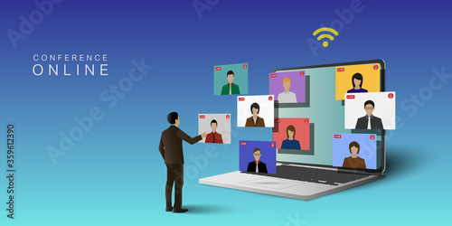 Video conference meeting online concept. Leader meeting online with employees on  computer laptop.Vector illustrate.