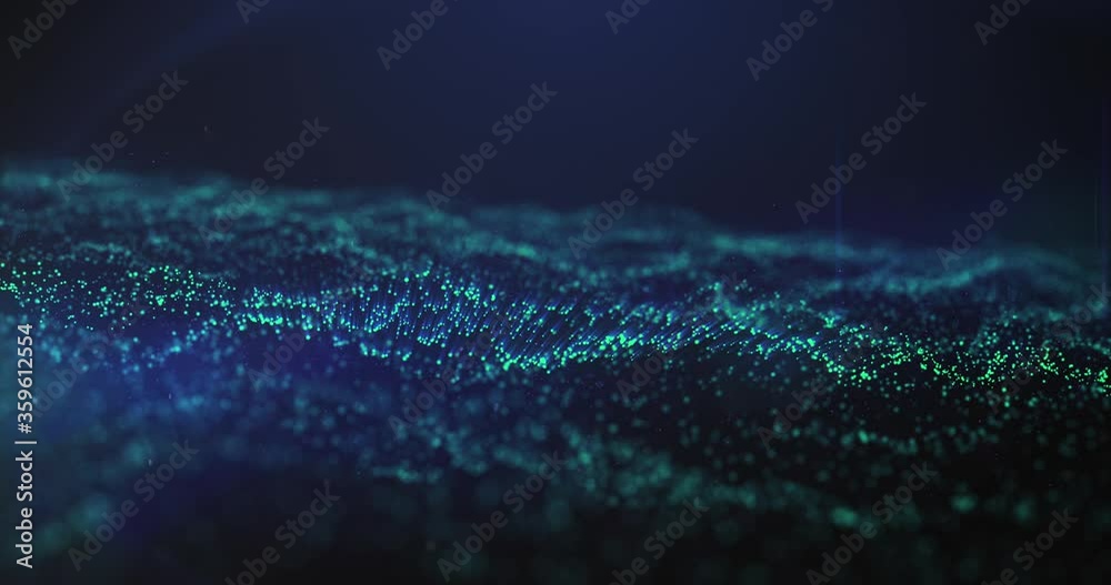 Flowing particles ocean waves in 3D space sequence. Particle animation of ocean with wind and waves floating on screen with Z depth - Intro and opener in 4K