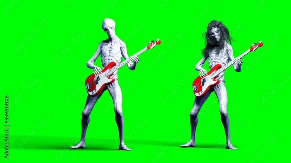 Funny alien plays on bass guitar. Realistic motion and skin shaders. 4K green screen footage. Funny alien plays on bass guitar. Realistic motion and skin shaders. 4K green screen footage.
