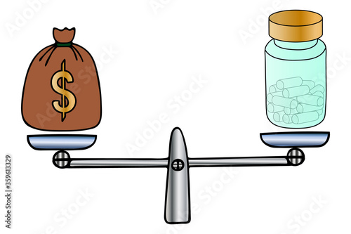 A bag with US dollars and medicine in a tube. Balance balance for weighing medical and economic decisions. Color vector illustration. Isolated white background. Financial crisis. The high cost of tabl
