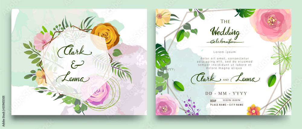 Wedding Invitation, Invitation card with floral and green tropical leaves, modern card Design, decorative wreath & frame pattern. Vector elegant watercolor template