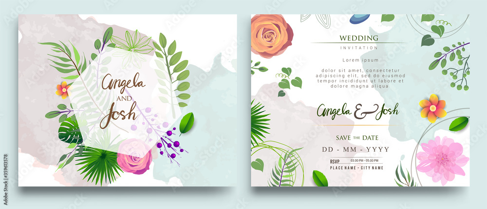 Wedding Invitation, Invitation card with floral and green tropical leaves, modern card Design, decorative wreath & frame pattern. Vector elegant watercolor template