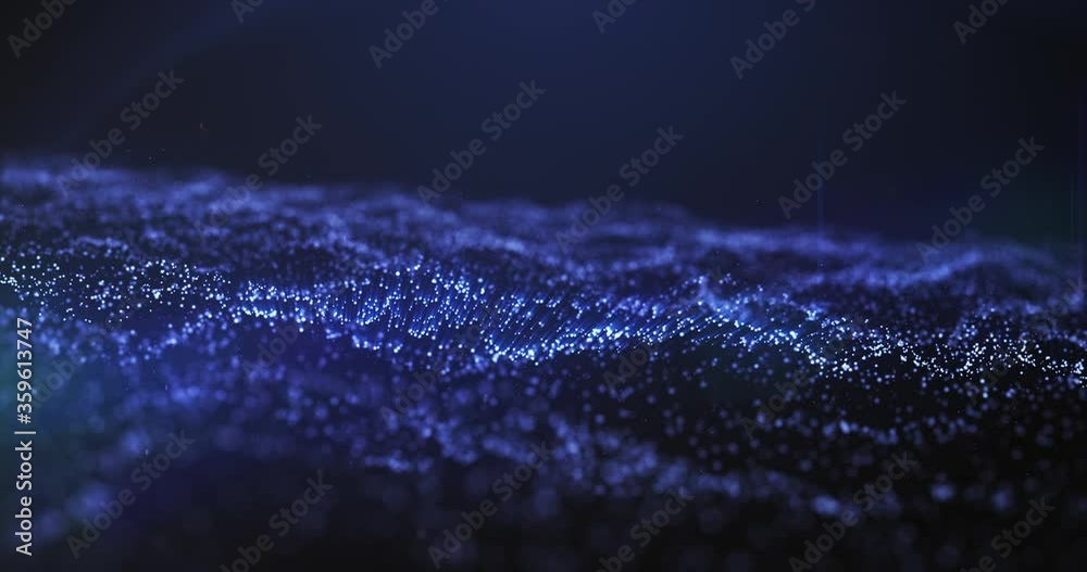 Flowing particles ocean waves in 3D space sequence. Particle animation of ocean with wind and waves floating on screen with Z depth - Intro and opener in 4K