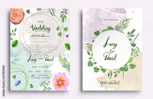 Wedding Invitation, Invitation card with floral and green tropical leaves, modern card Design, decorative wreath & frame pattern. Vector elegant watercolor template