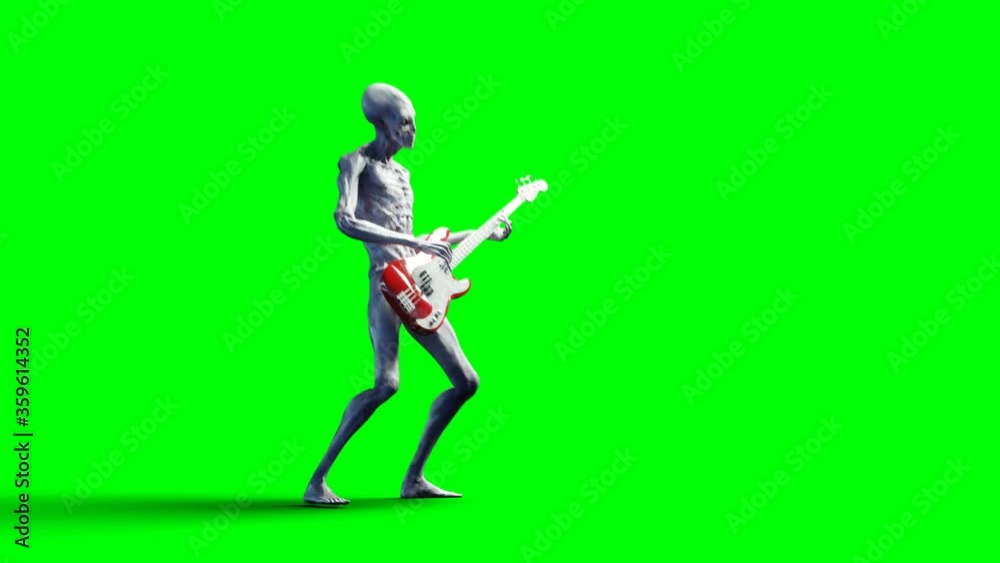 Funny alien plays on bass guitar. Realistic motion and skin shaders. 4K green screen footage. Funny alien plays on bass guitar. Realistic motion and skin shaders. 4K green screen footage.