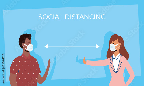 interracial couple wearing medical masks and social distancing