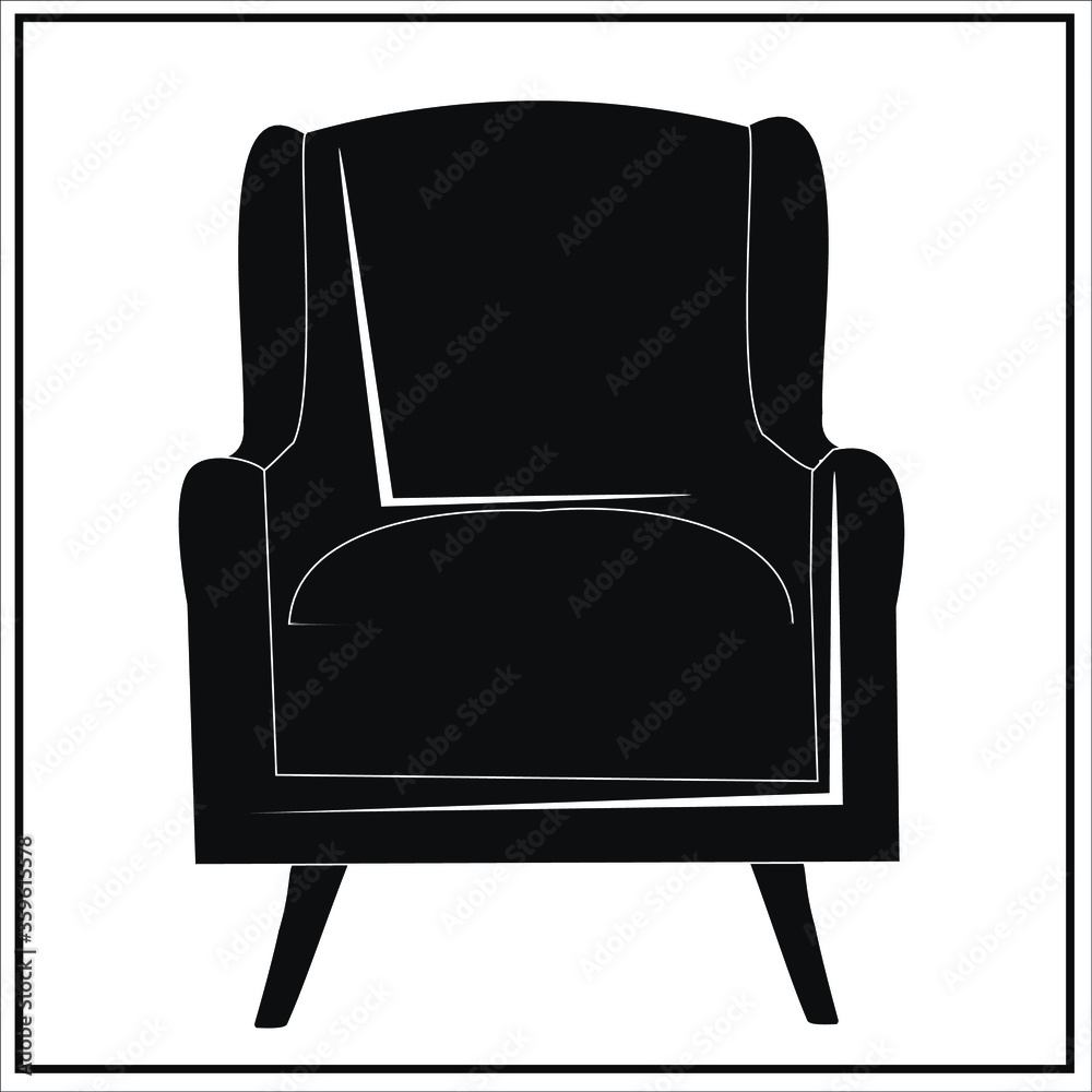 Black chair from the set of beautiful fashionable plain, black and white, gray and black velvet armchairs and sofa. Vector isolated image on a white background.Furniture, interior. Black chair from the set of beautiful fashionable plain, black and white, gray and black velvet armchairs and sofa. Vector isolated image on a white background.Furniture, interior.