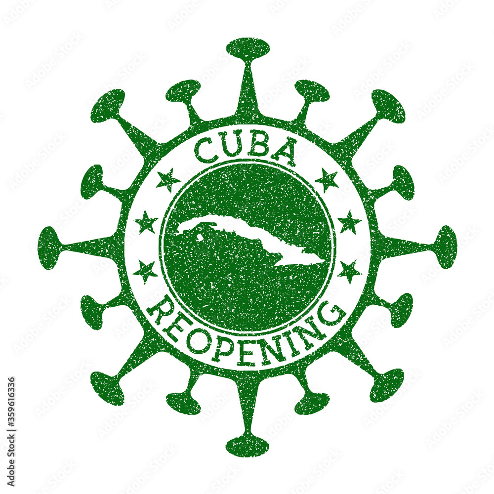Cuba Reopening Stamp. Green round badge of country with map of Cuba. Country opening after lockdown. Vector illustration.