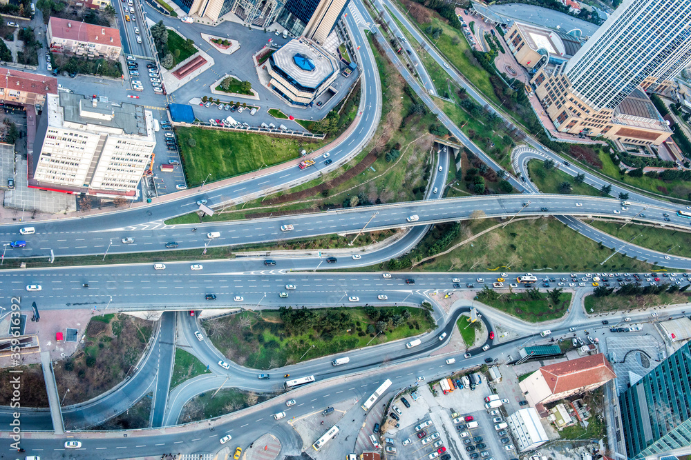 Traffic and highway road from air in Istanbul.