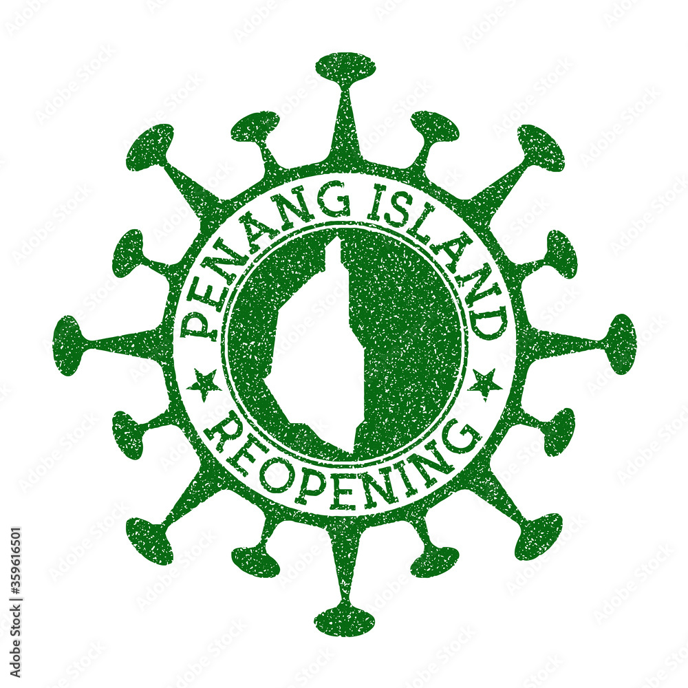 Penang Island Reopening Stamp. Green round badge of island with map of Penang Island. Island opening after lockdown. Vector illustration.