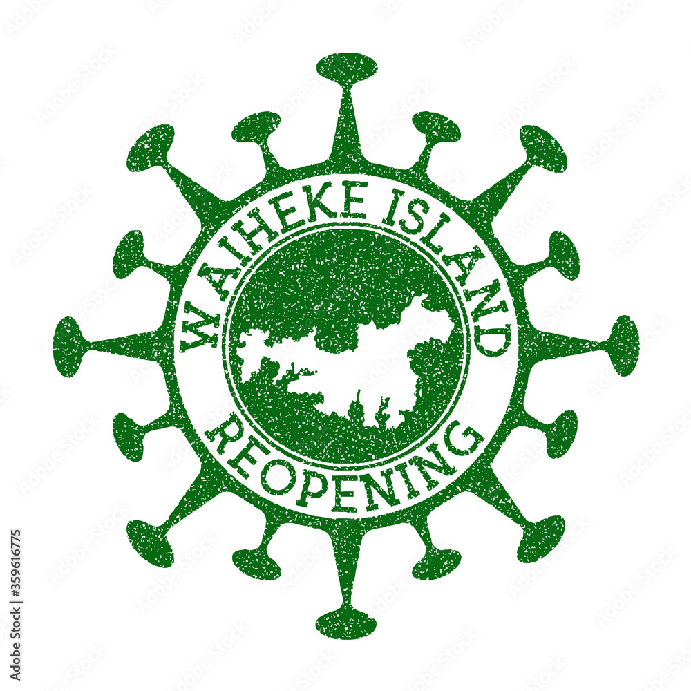 Waiheke Island Reopening Stamp. Green round badge of island with map of Waiheke Island. Island opening after lockdown. Vector illustration.