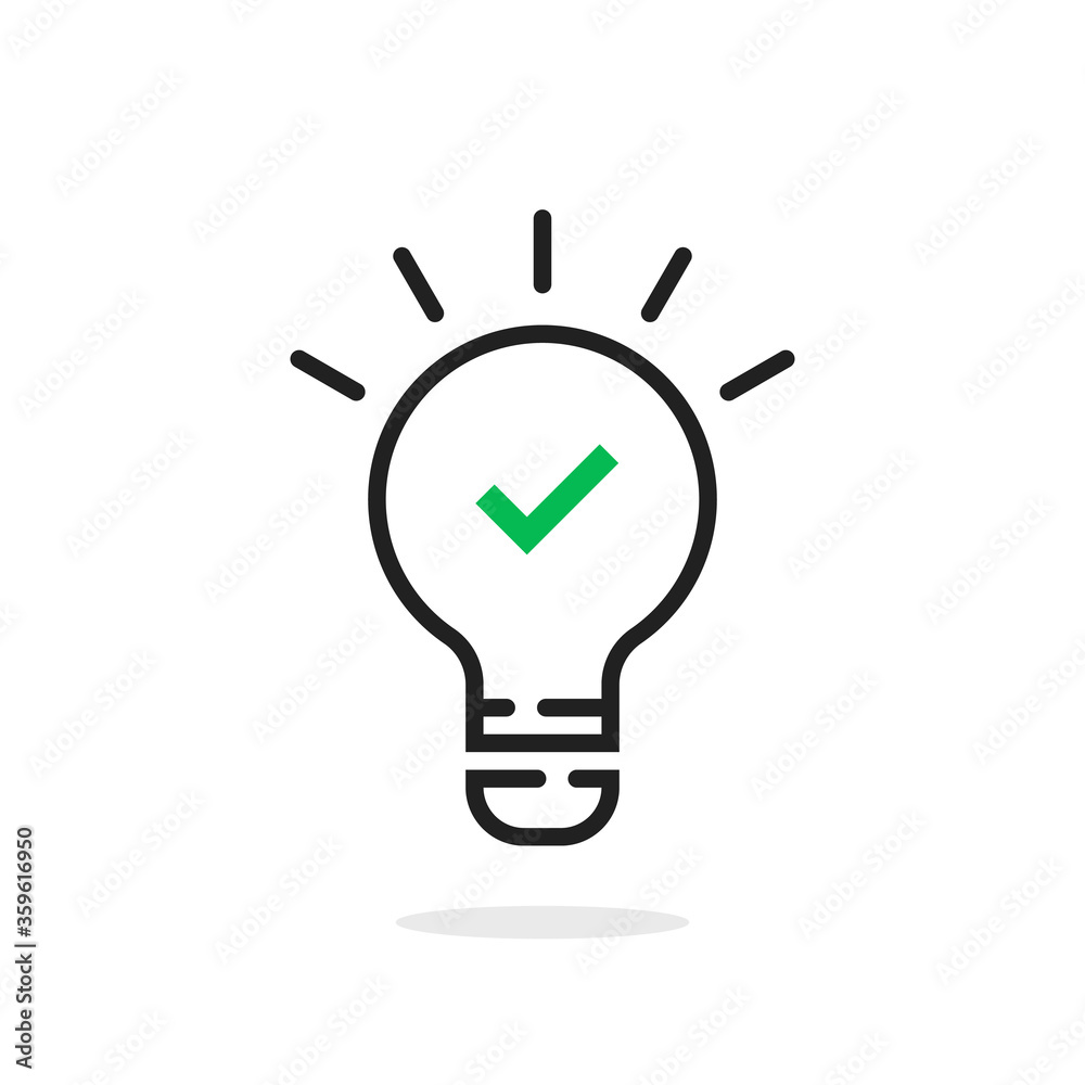 green tick in black thin line light bulb green tick in black thin line light bulb