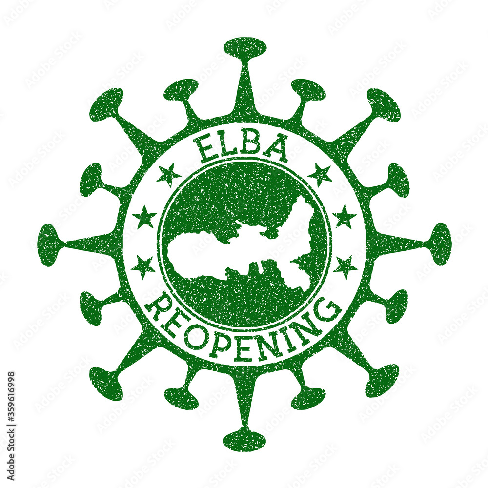Elba Reopening Stamp. Green round badge of island with map of Elba. Island opening after lockdown. Vector illustration.