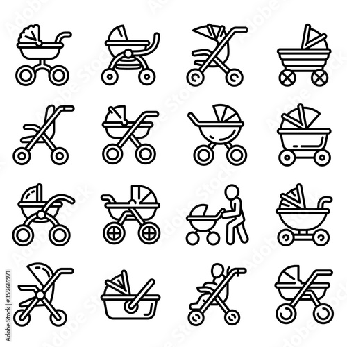 Pram icons set. Outline set of pram vector icons for web design isolated on white background
