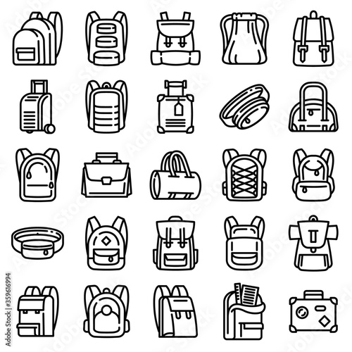 Backpack icons set. Outline set of backpack vector icons for web design isolated on white background