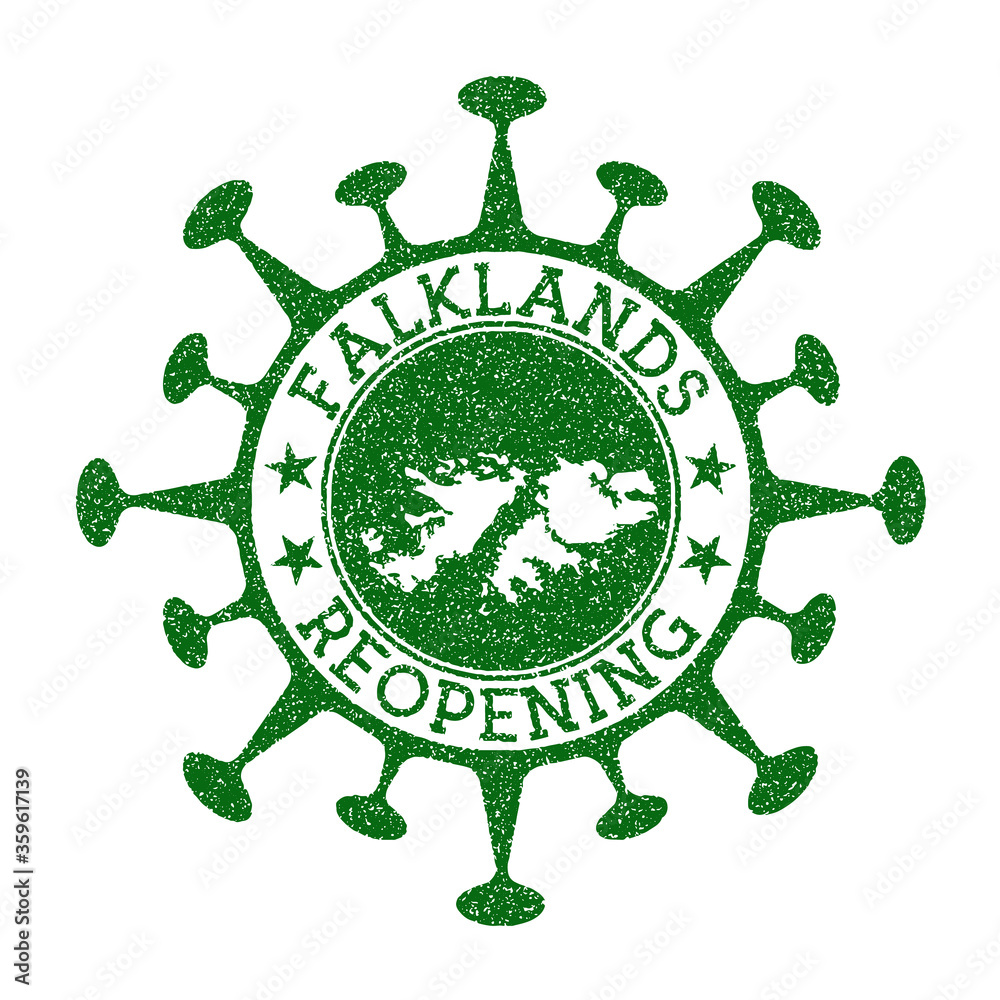 Falklands Reopening Stamp. Green round badge of country with map of Falklands. Country opening after lockdown. Vector illustration. Falklands Reopening Stamp. Green round badge of country with map of Falklands. Country opening after lockdown. Vector illustration.
