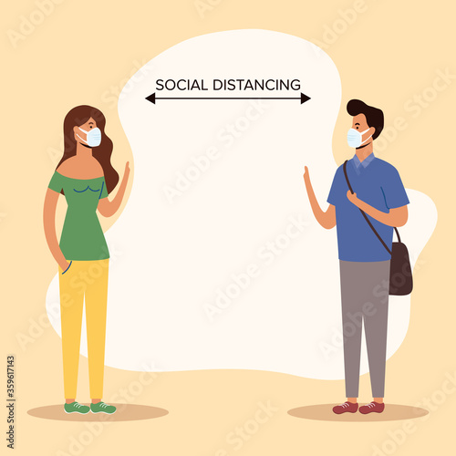 young couple wearing medical masks and social distancing