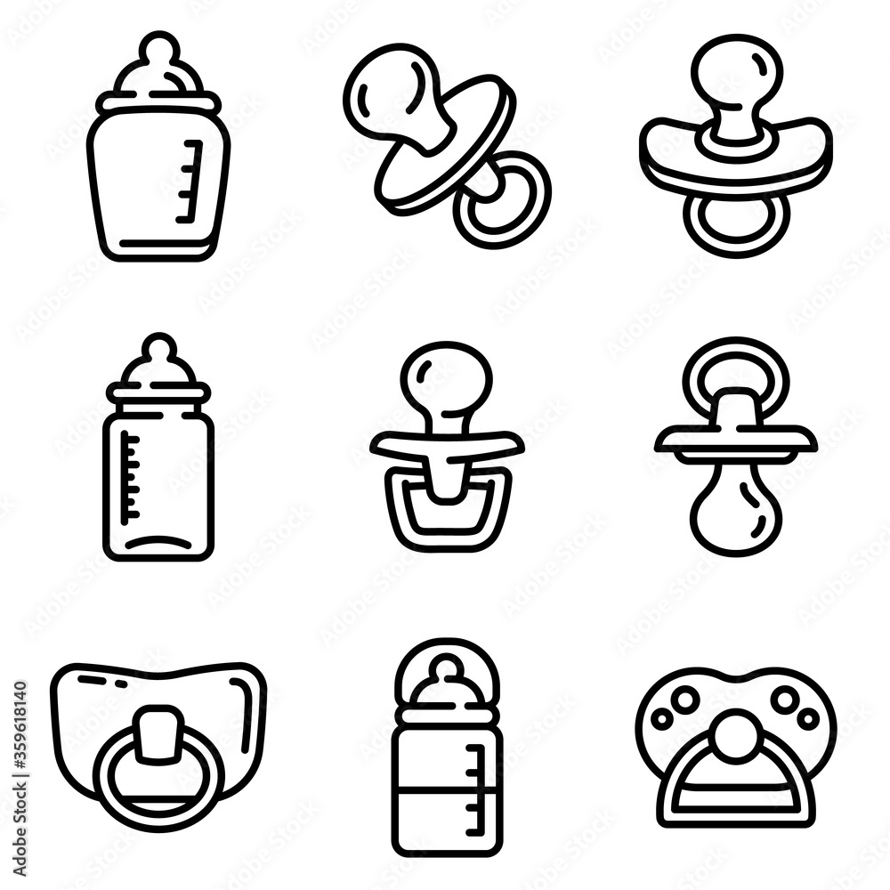 Pacifier icons set. Outline set of pacifier vector icons for web design isolated on white background Pacifier icons set. Outline set of pacifier vector icons for web design isolated on white background