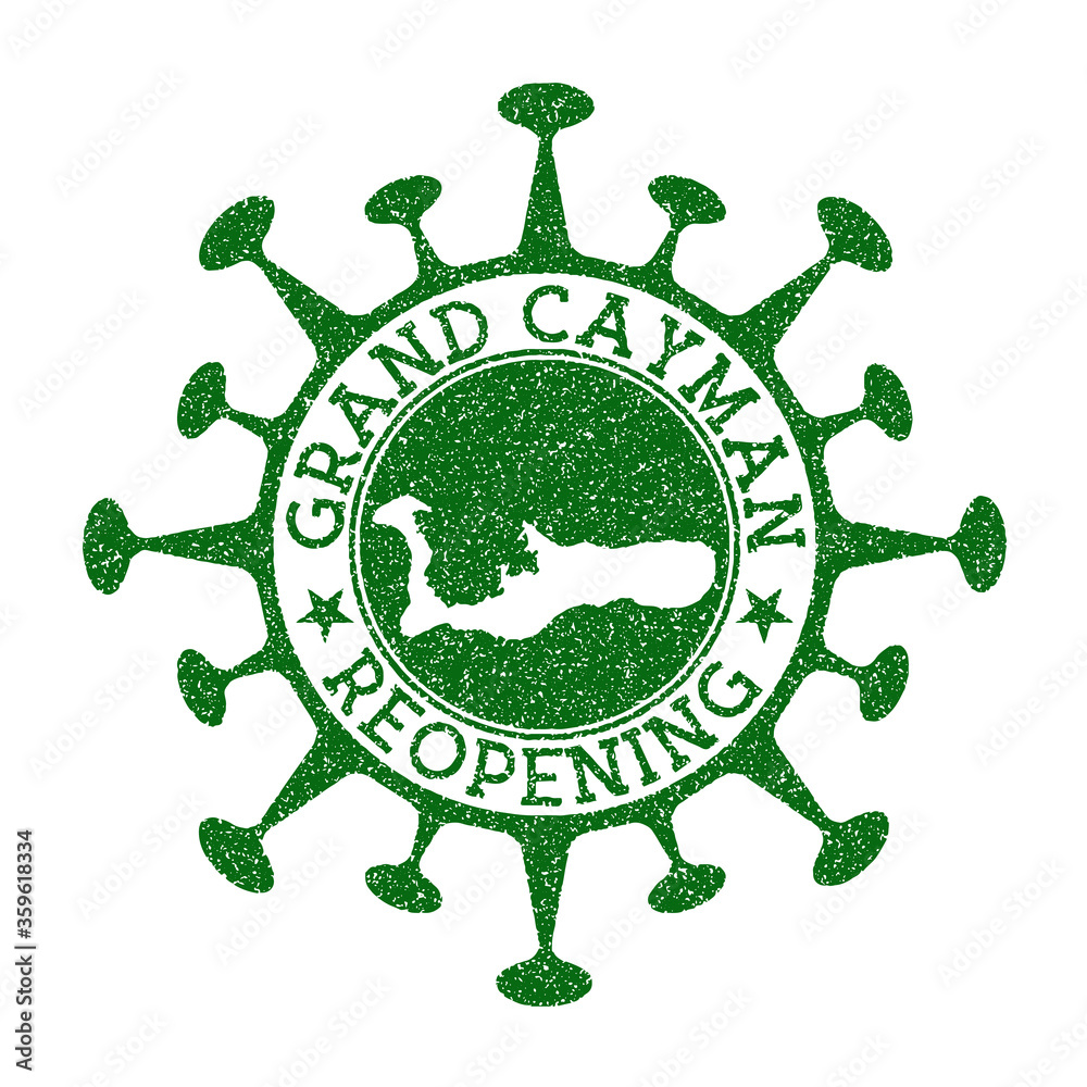 Grand Cayman Reopening Stamp. Green round badge of island with map of Grand Cayman. Island opening after lockdown. Vector illustration.