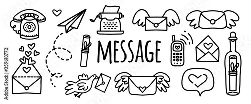 Vector doodles set message,letter,typewriter, paper airplane, phone, mobile phone, letter with wings,a bottle with a letter. Naor doodle stickers to illustrate communication of people on the Internet