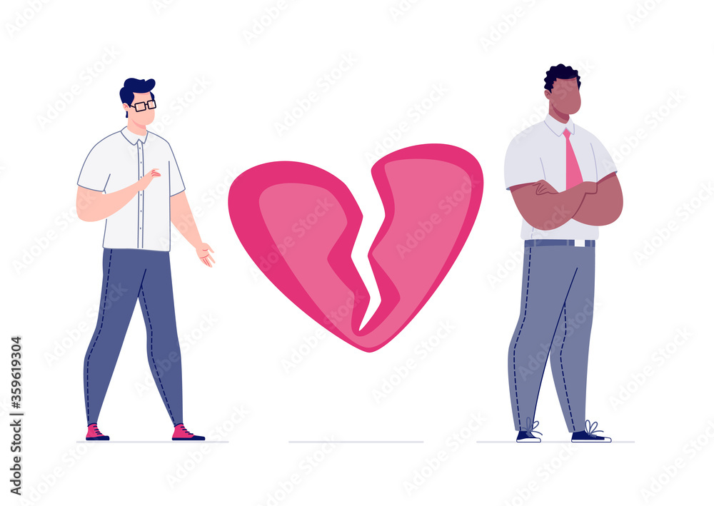 The concept of breaking the love relationship. Divorce. Former couple. Conflict between lovers. Broken heart. Parting homosexual couple. Attempt to make peace.Vector. Illustration in a flat cartoon. The concept of breaking the love relationship. Divorce. Former couple. Conflict between lovers. Broken heart. Parting homosexual couple. Attempt to make peace.Vector. Illustration in a flat cartoon.