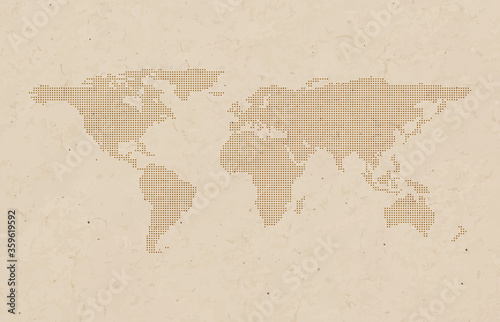 Dotted world map vector background. Grunge brown paper texture style