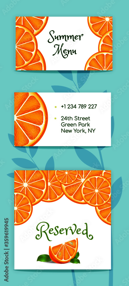 Set of Restaurant card. Café identity. Vector illustration. Orange summer card. Colorful Banner
