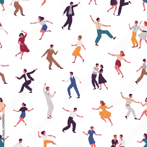 Joyful colorful people dancing vector flat illustration. Happy man, woman and pair in elegant clothes performing dance elements seamless pattern. Male and female demonstrate Lindy hop or Swing