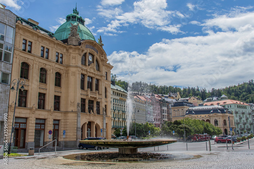 Photography view on hot spring and square in centre of Karlovy Vary