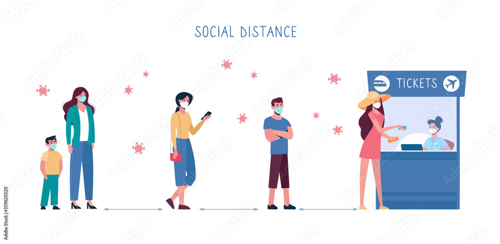 Social safe distance between people so as not to spread virus, COVID-19. Men and women stand queue at ticket offices, they keep their distance. Vector flat, isolated. In line to buy plane, train