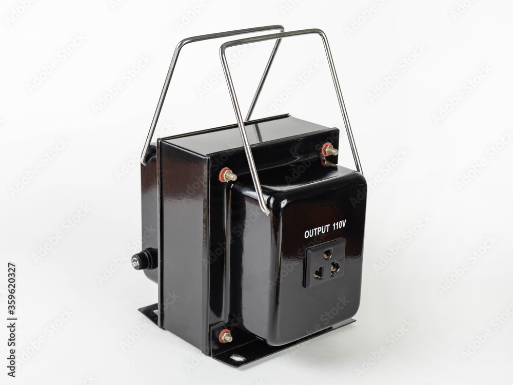 Powerful black power transformer with stainless carrying handles on a white background