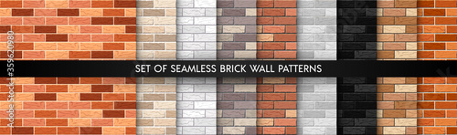 Realistic Vector brick wall seamless pattern set. Flat wall textures collection. Yellow, gray, red, white, black textured brick background for print, paper, design, decor, photo background
