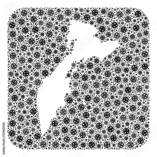 Pandemic virus map of Kamchatka Peninsula collage composed with rounded square and cut out shape.