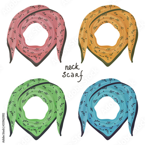 Vector illustration set of multi-colored neckerchiefs in cartoon style. Silk shawl for girls fashion wardrobe, clothes and accessories