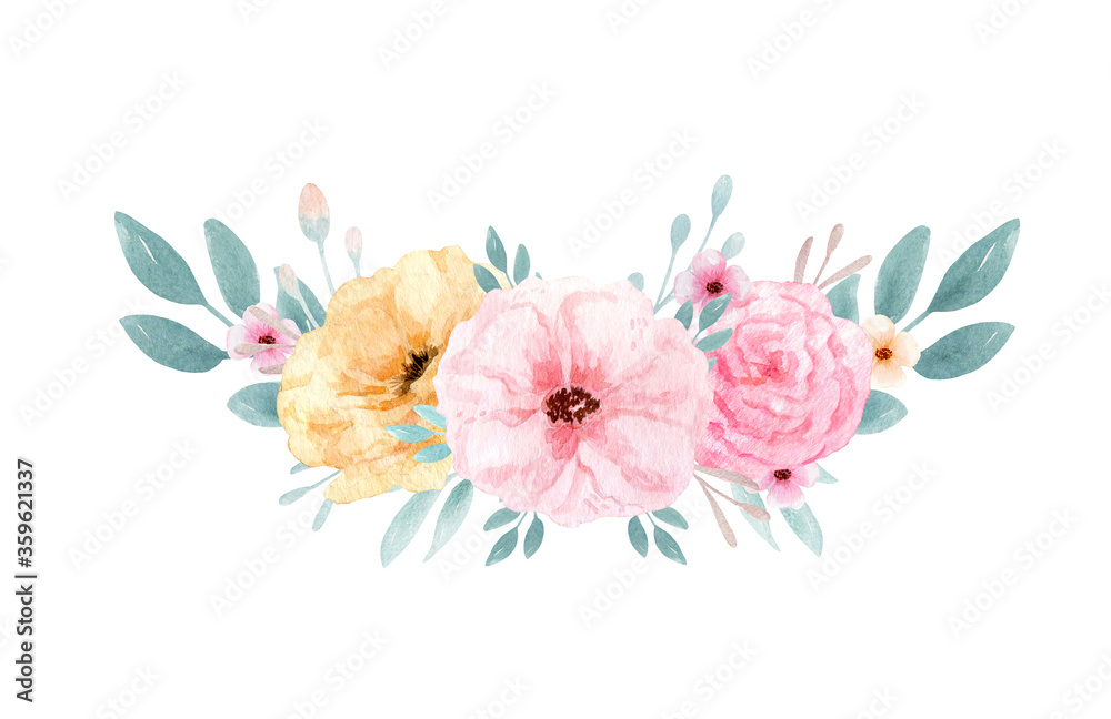 Obraz premium Hand drawn watercolor bouquet illustration. Isolated Botanical wreathes of green branches and flower leaves. Spring and summer mood. Wedding blossom Floral Design element