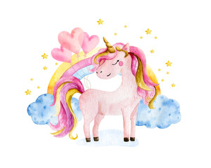 Fotobehang Eenhoorn Aquarel eenhoorn met regenboog roze  © iryna_boiko