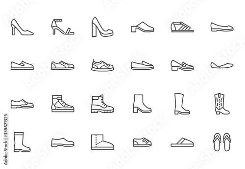 Shoe line icon set. High heels sandal, cowboy boots, hiking footwear, sneakers, slipper minimal vector illustrations. Simple outline signs for fashion application. Pixel Perfect. Editable Stroke