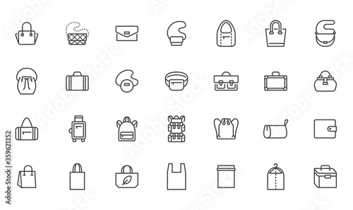 Bags line icon set. Purse types - tote, briefcase, fanny pack, shopper, luggage, plastic bag minimal vector illustrations. Simple outline signs for fashion app. Pixel Perfect. Editable Strokes