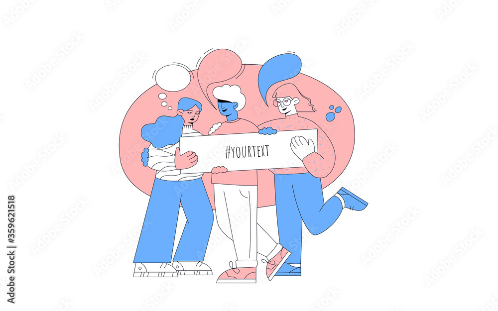Happy young people are holding a sign with the inscription. Template for the slogan. Diverse people in flat cartoon style communicate, community meeting concept. Illustration for web design. Happy young people are holding a sign with the inscription. Template for the slogan. Diverse people in flat cartoon style communicate, community meeting concept. Illustration for web design.