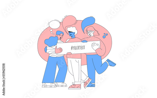 Happy young people are holding a sign with the inscription. Template for the slogan. Diverse people in flat cartoon style communicate, community meeting concept. Illustration for web design.